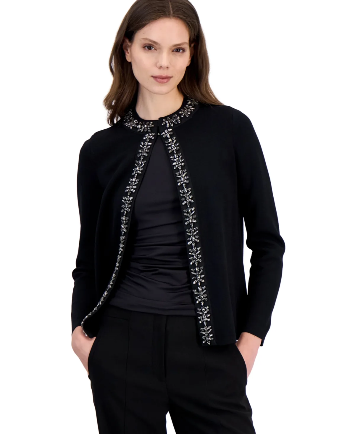 Embellished Crewneck Cardigan by Anne Klein