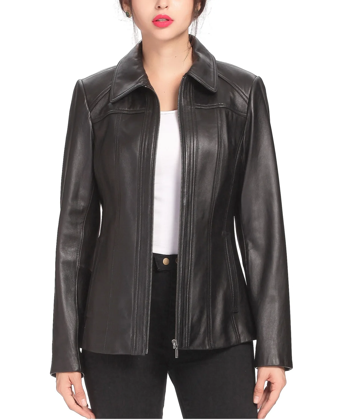 Ellen Stitched Zip-Front Leather Jacket by Bgsd