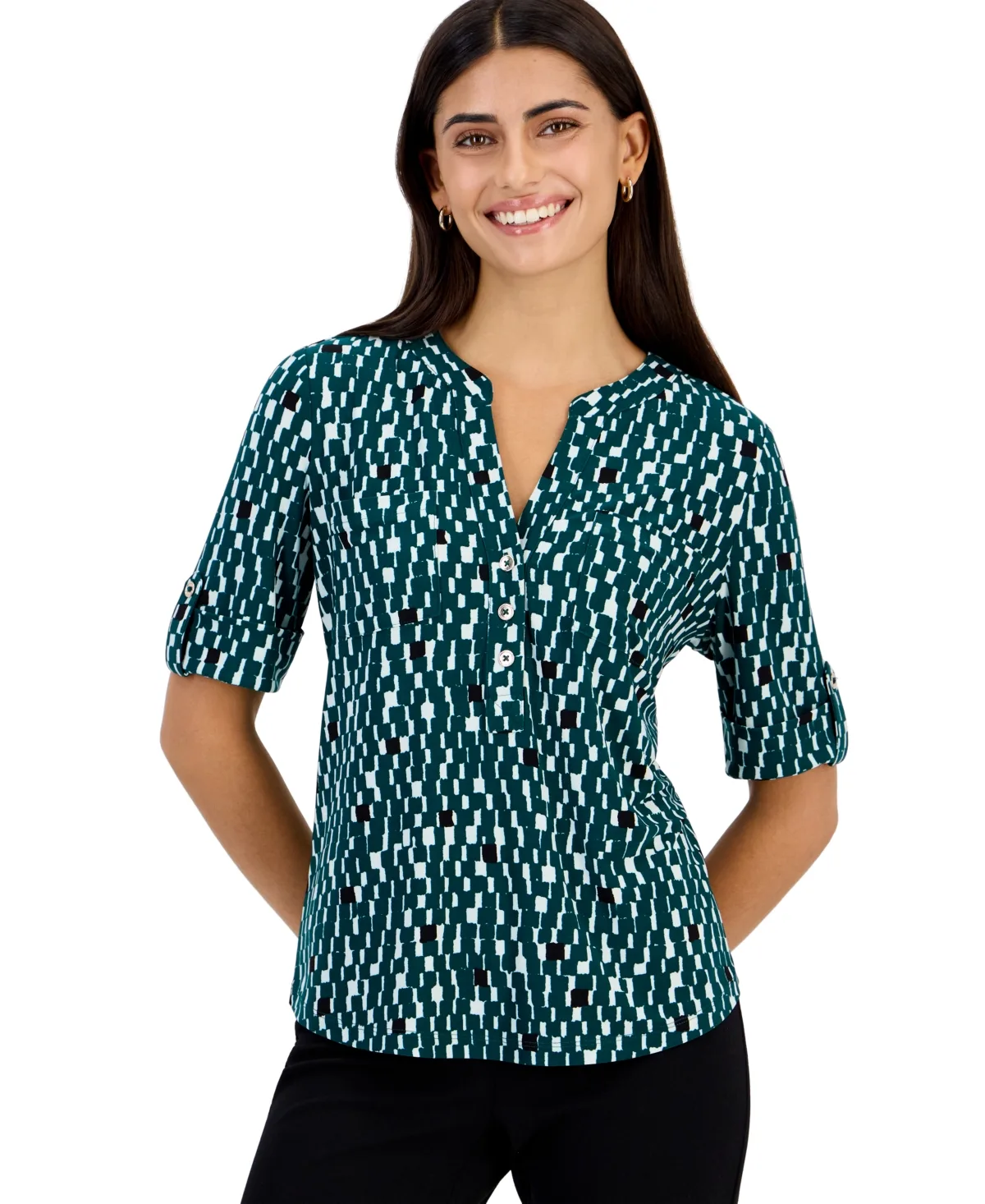 Essentials Petite Button-Front Roll-Tab Sleeve V-Neck Knit Top by Anne Klein