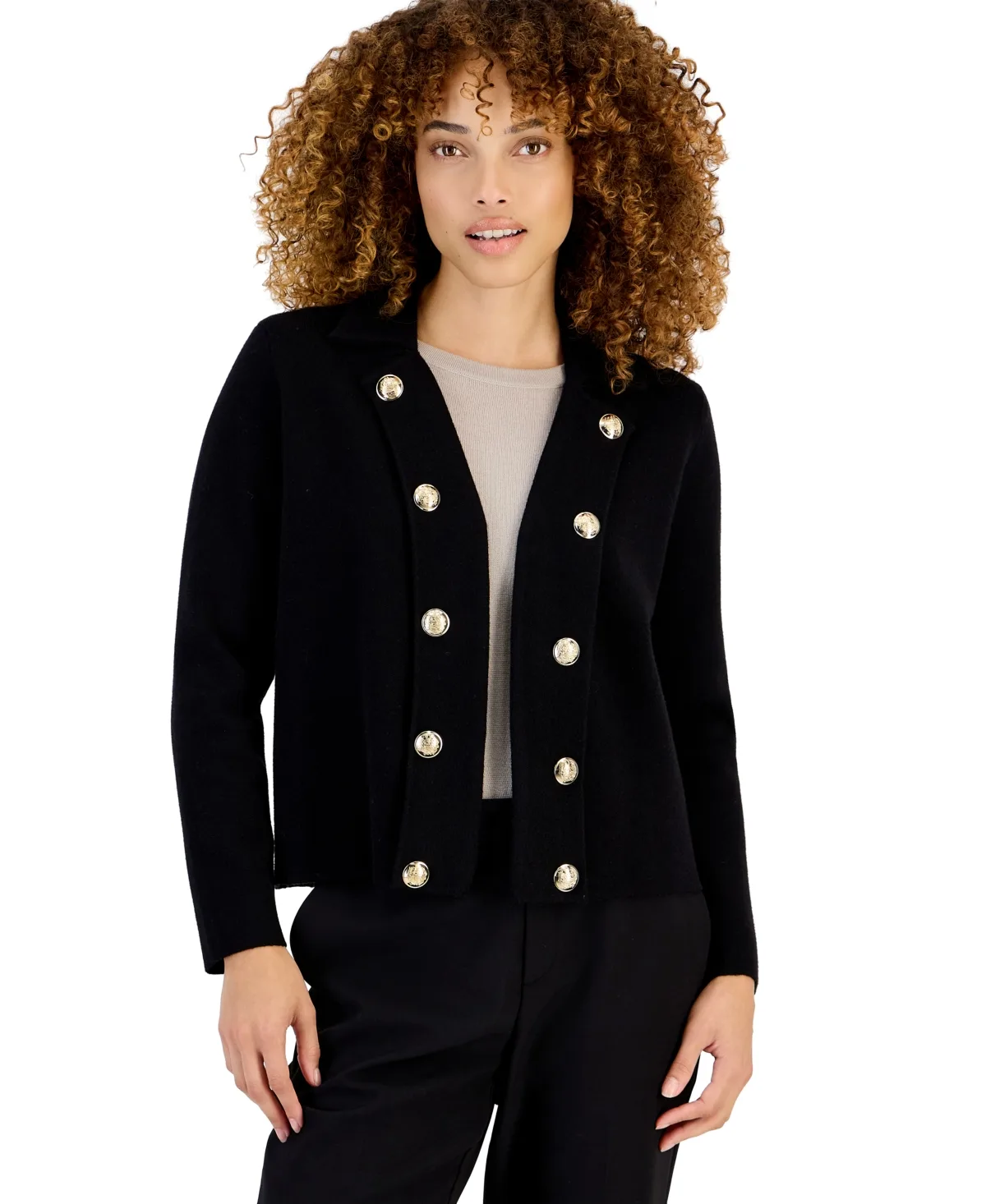 Knit Band Double-Breasted Long-Sleeve Jacket by Jones New York