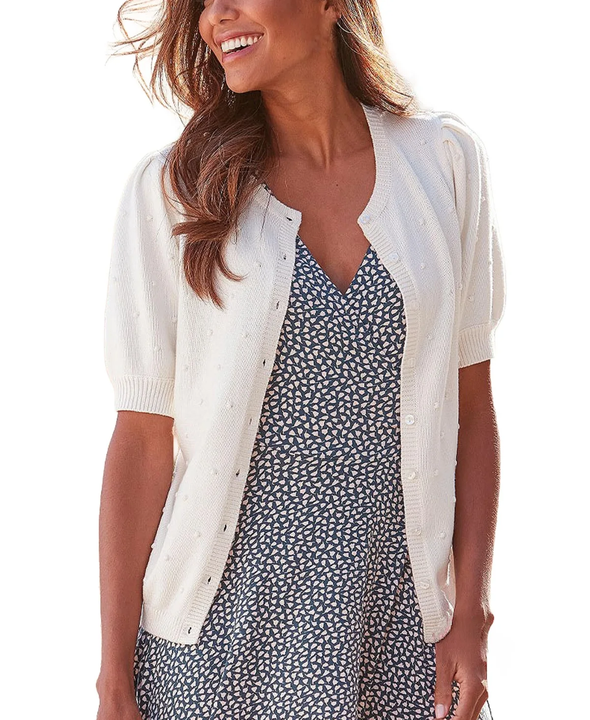 Puff-Sleeve Crewneck Swiss-Dot Knit Cardigan by Lascana