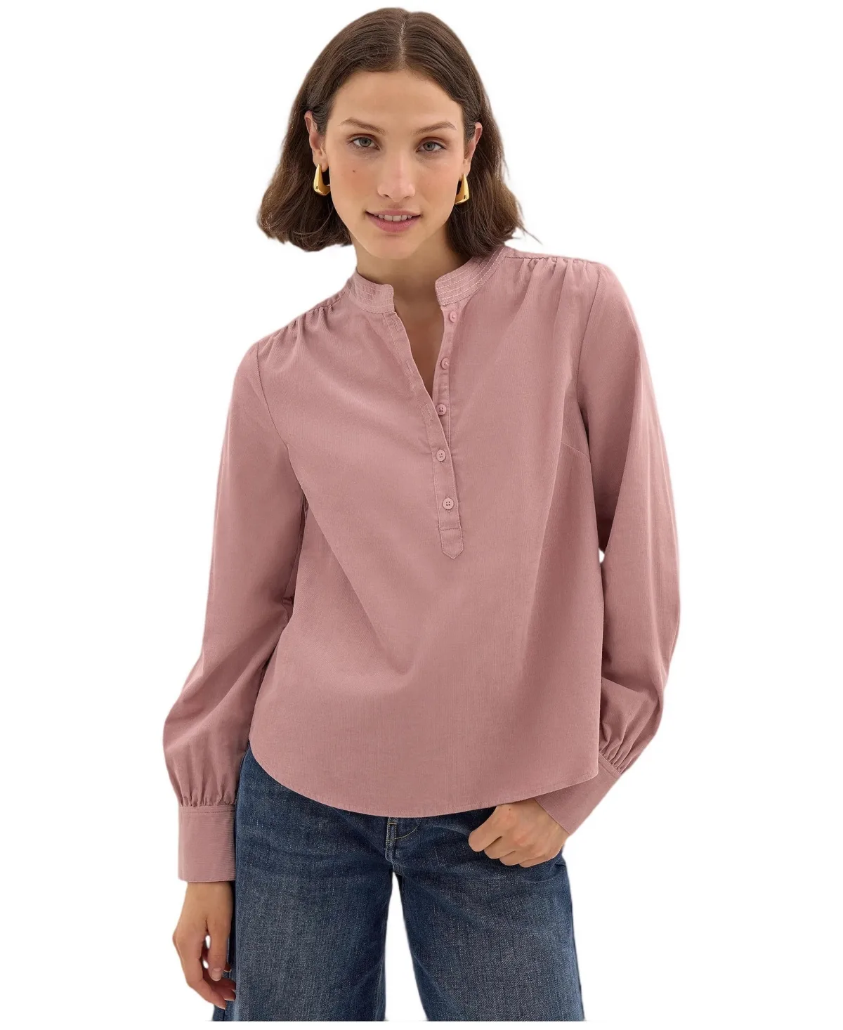 Cyra Puff-Sleeve Corduroy Long-Sleeve Blouse by Hush