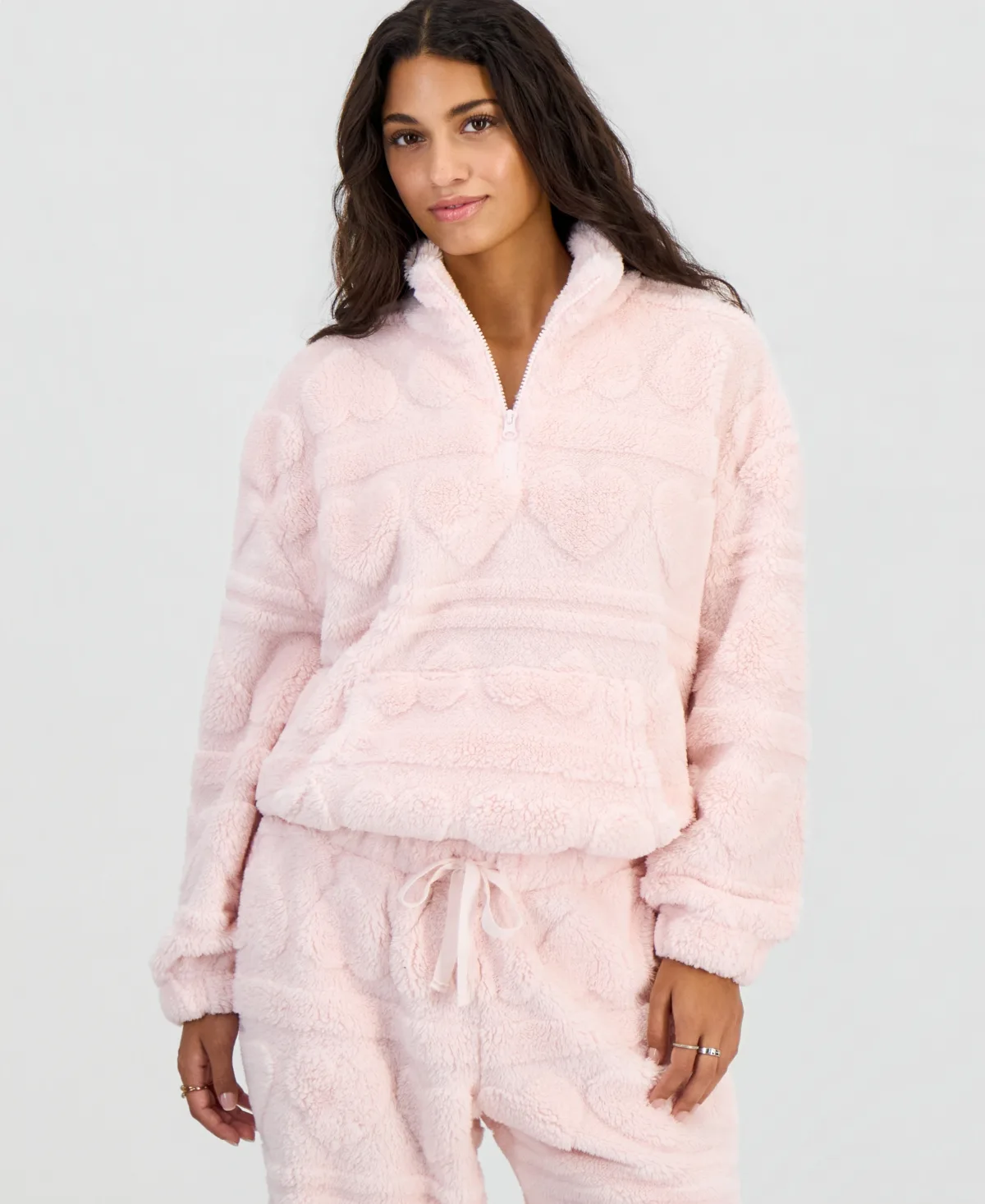 Heart-Embossed Sherpa Quarter-Zip Pullover by Rebellious One