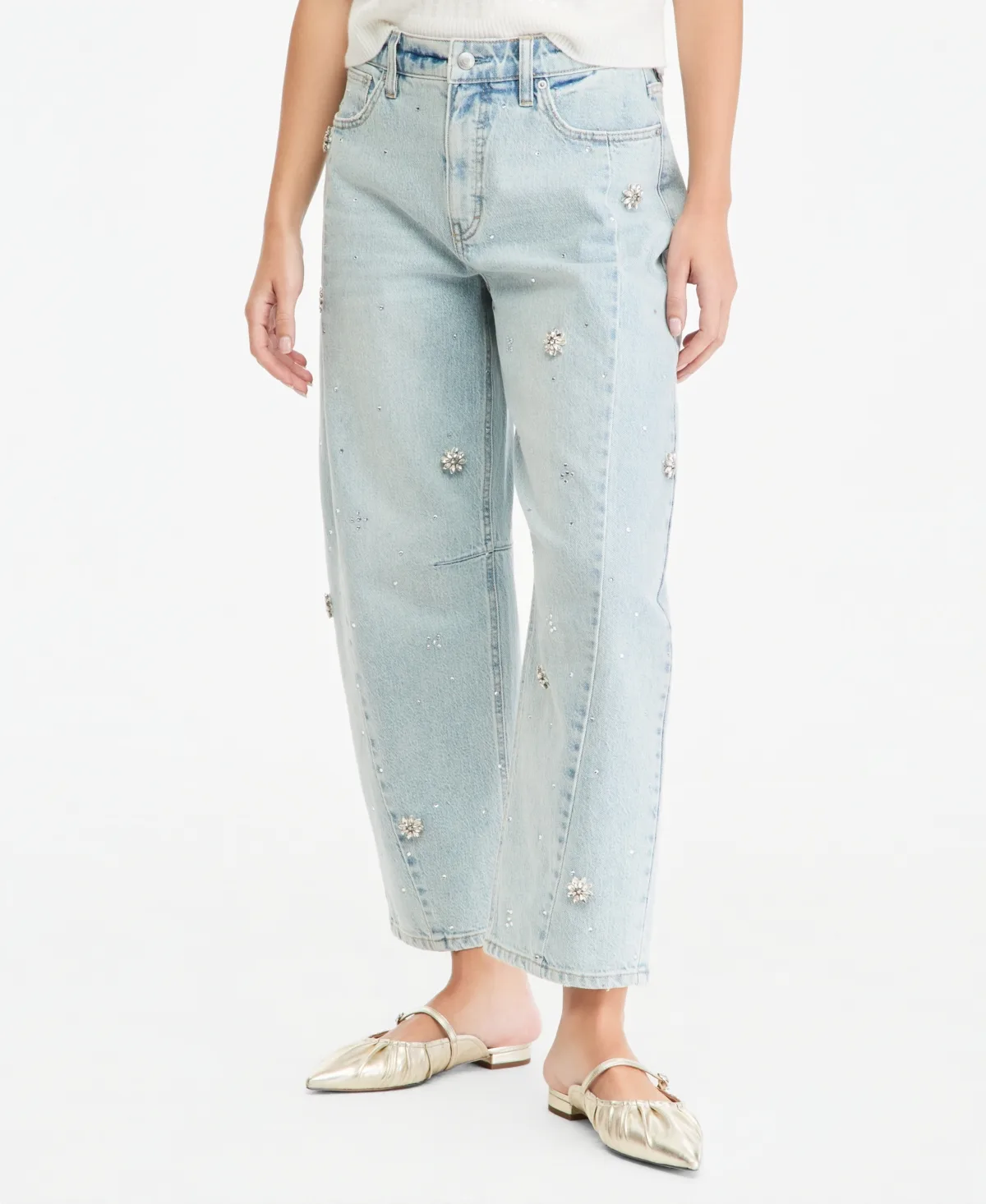 Mid Rise Crop Embellished Barrel Jeans by On 34th