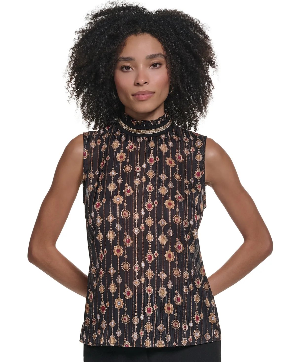 KL2070 Print Mock-Neck Sleeveless Tencel-Blend Blouse by Karl Lagerfeld