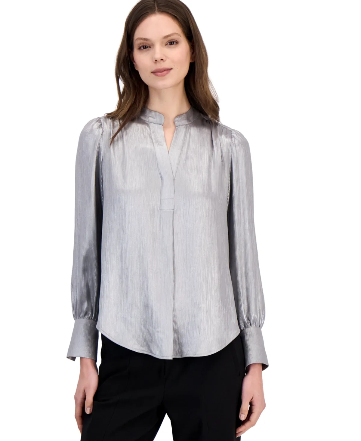 Metallic V-Neck Long-Sleeve Pleat Blouse by Anne Klein