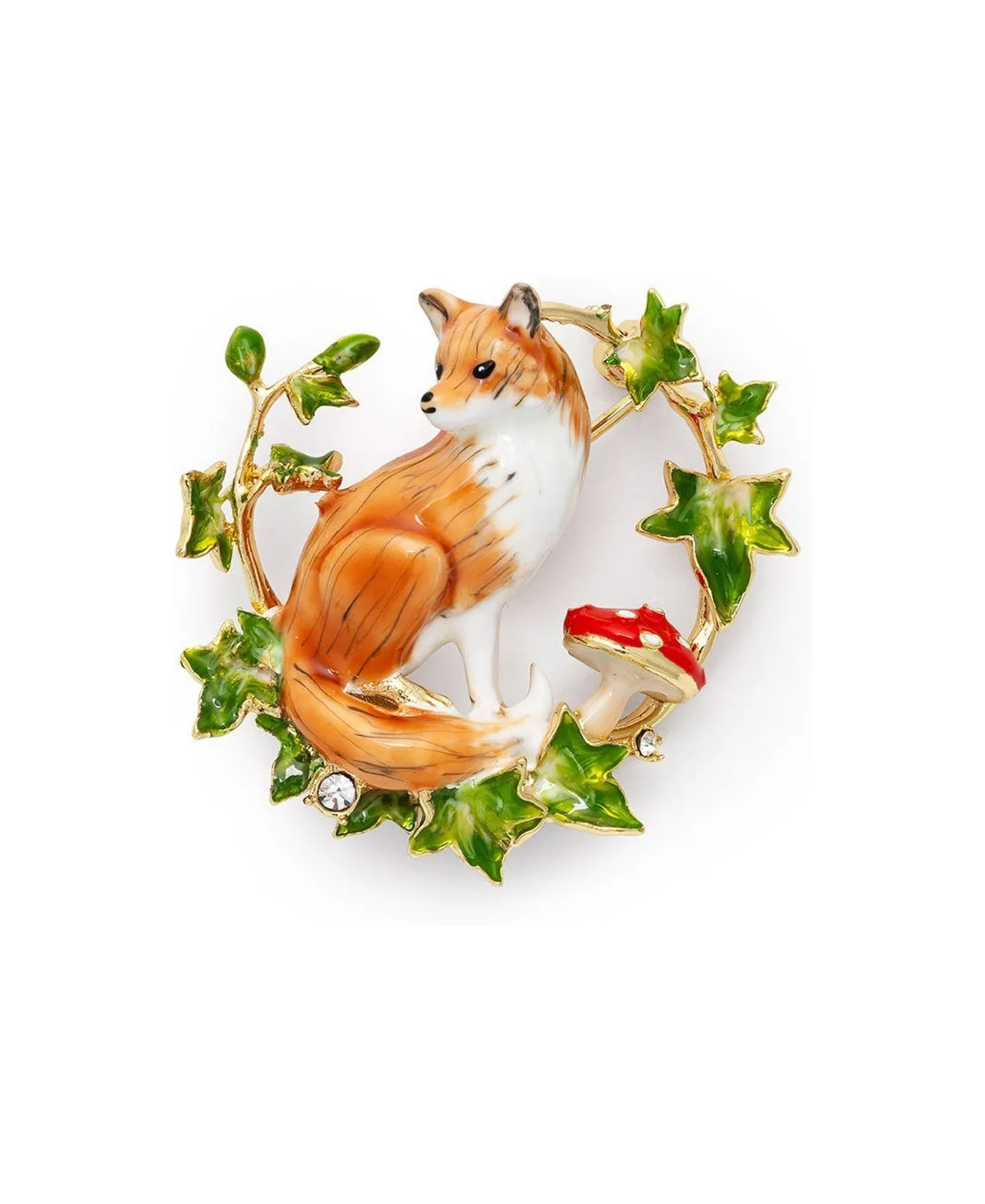 Crystal Gold-Tone Fox and Ivy Round Brooch by Bill Skinner Studio