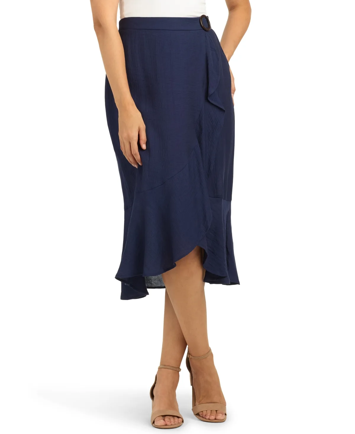 High-Waisted Asymmetrical Gauze Midi Wrap Skirt by Bcx
