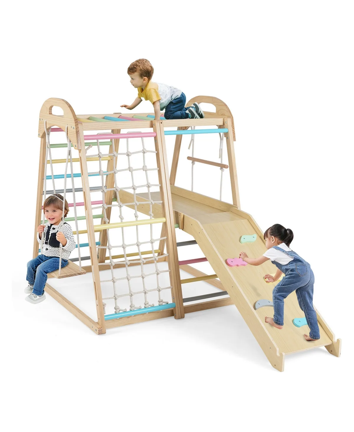 Wooden Jungle Gym with Slide and Monkey Bars, 110 Lb Capacity, Ages 3-5 by Mecale