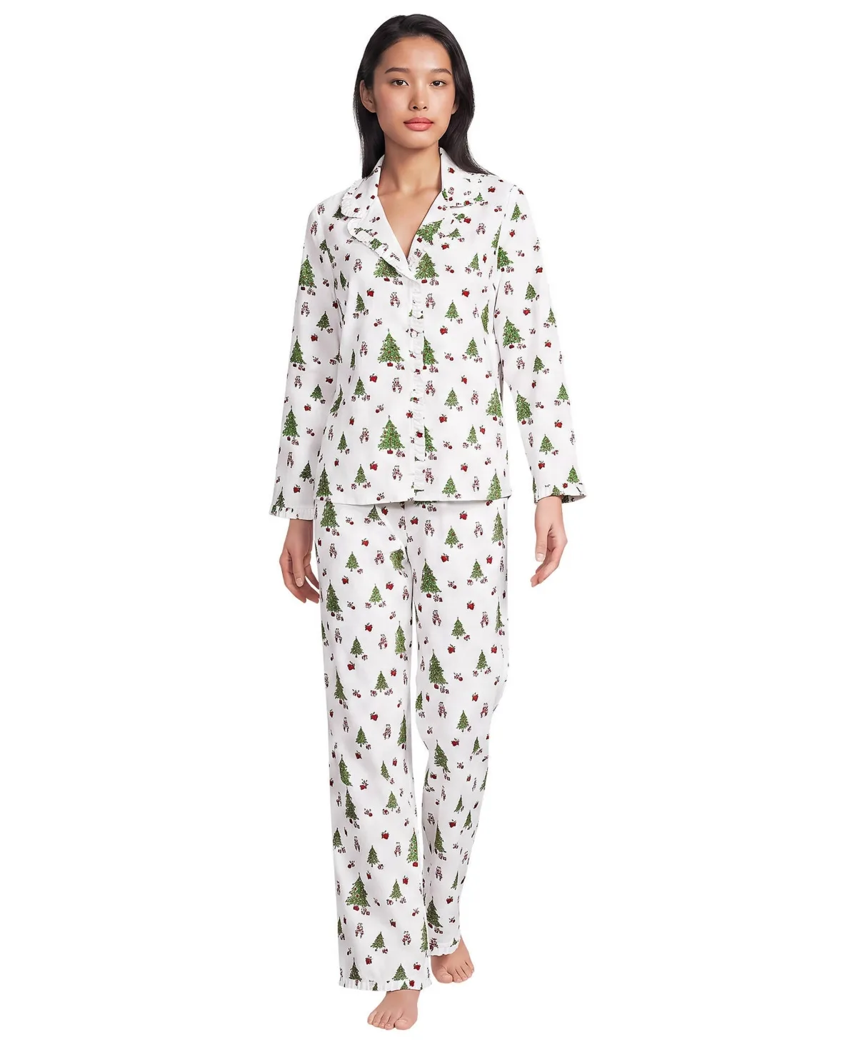 Long-Sleeve Button-Front Ruffle Cotton Poplin Top and Pants, 2-Piece Set by Lands' End