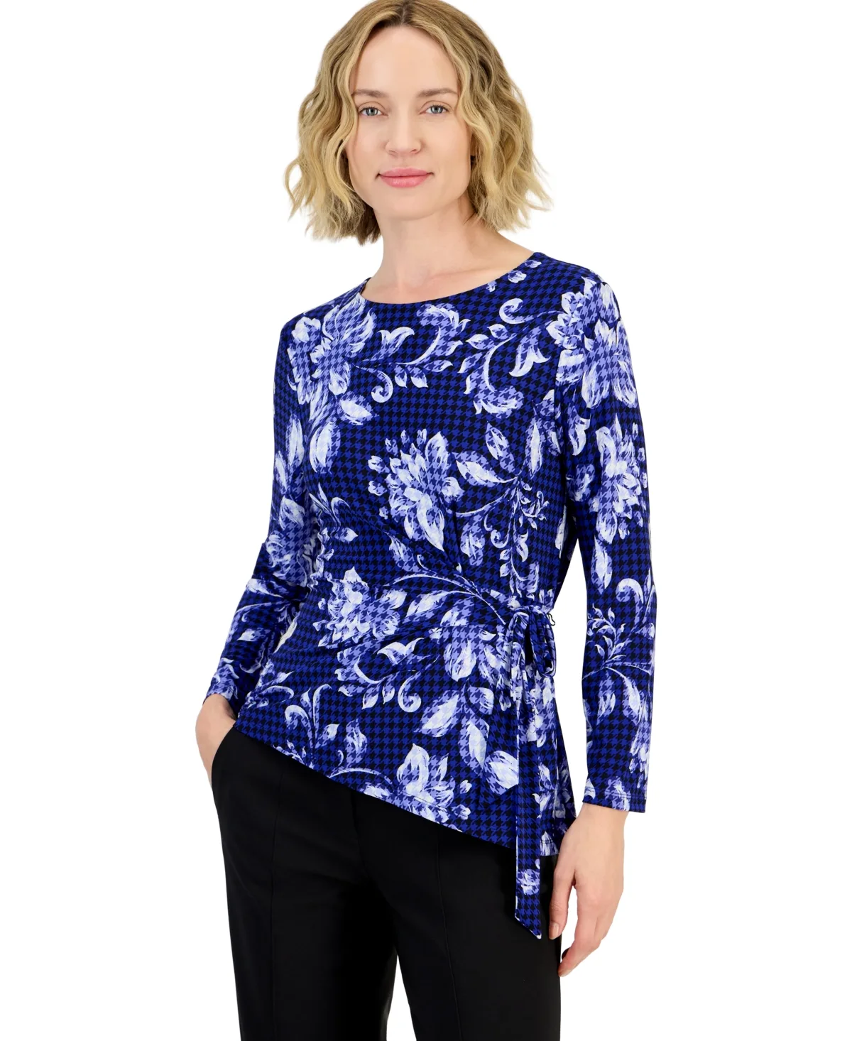 Wrap-Front Floral-Print 3/4-Sleeve Knit Top by Kasper