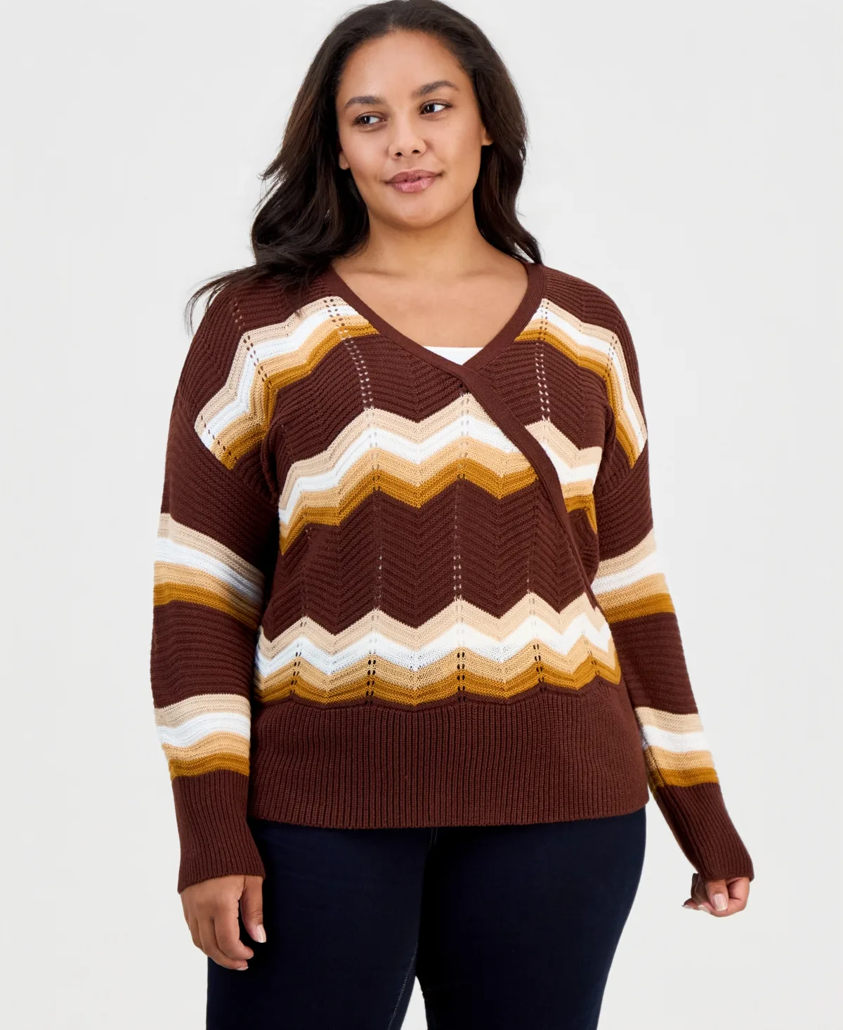 Chevron Drop-Shoulder Surplice Sweater by Full Circle Trends