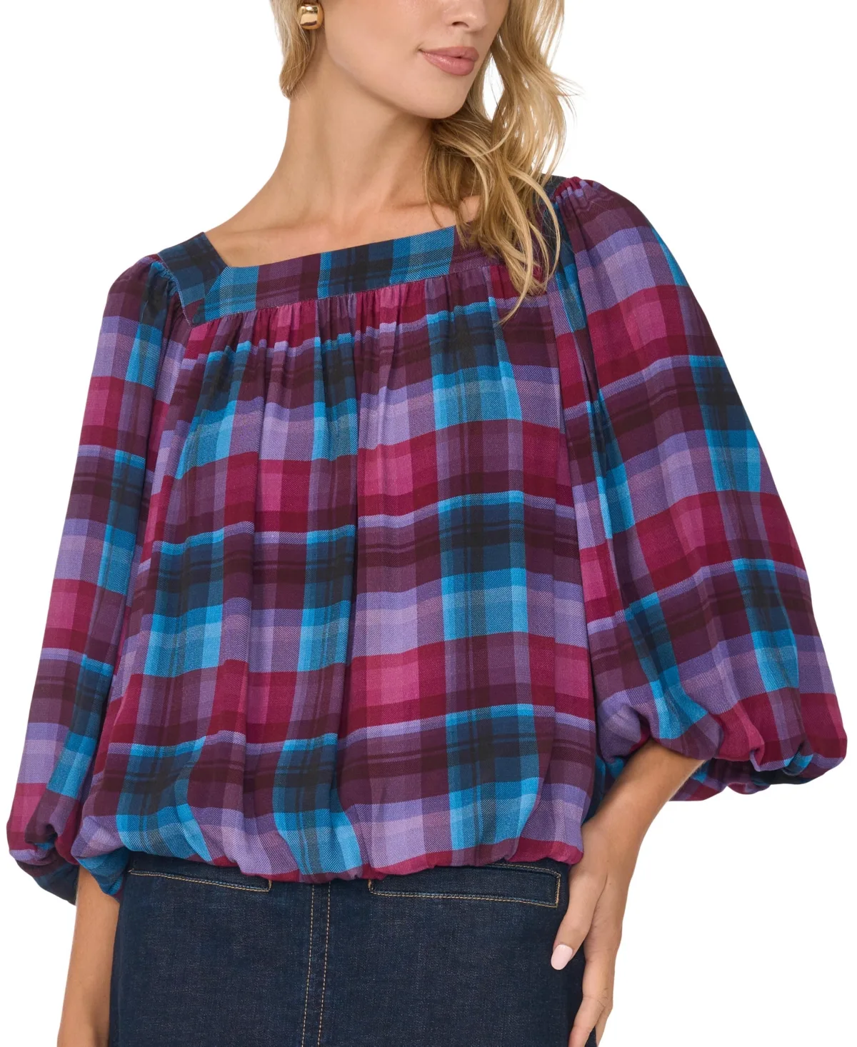 Plaid Square Neck 3/4-Sleeve Bubble Blouse by Vince Camuto