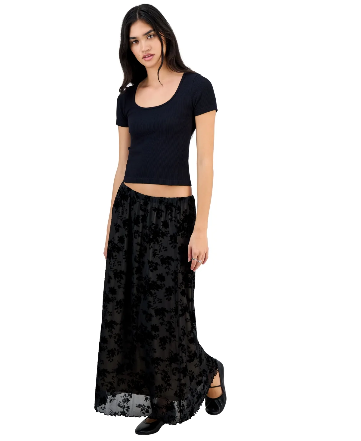 Floral Flocked Velvet Maxi Skirt by Celebrity Pink
