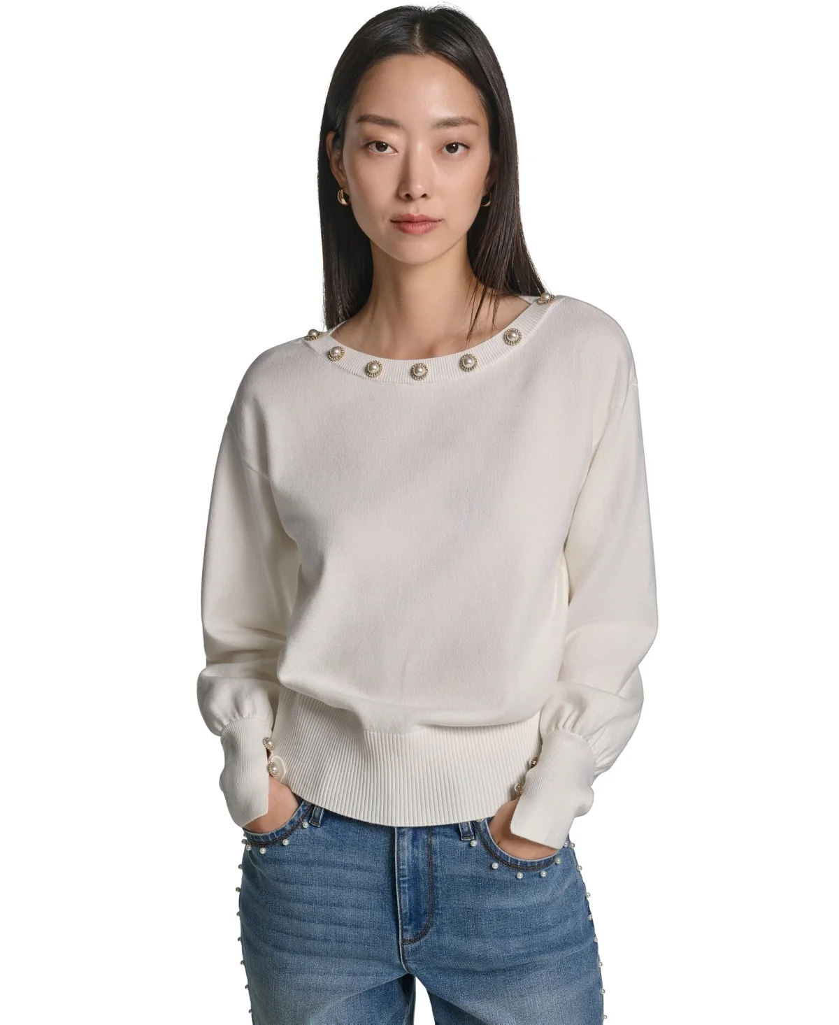 Pearl Detail Boat Neck Sweater by Karl Lagerfeld