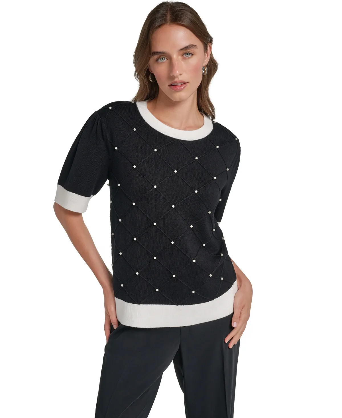 Pearl Lattice Fitted Crewneck Short-Sleeve Sweater by Karl Lagerfeld