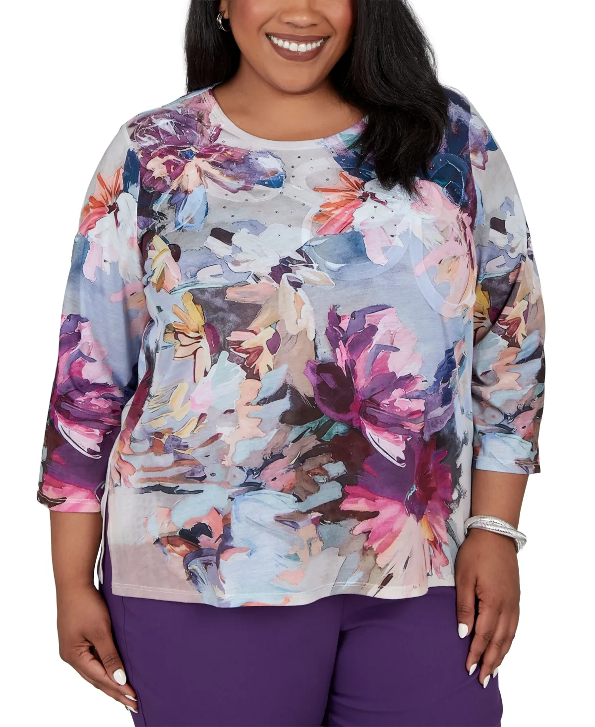 Floral 3/4-Sleeve Side-Slit Top by Alfred Dunner
