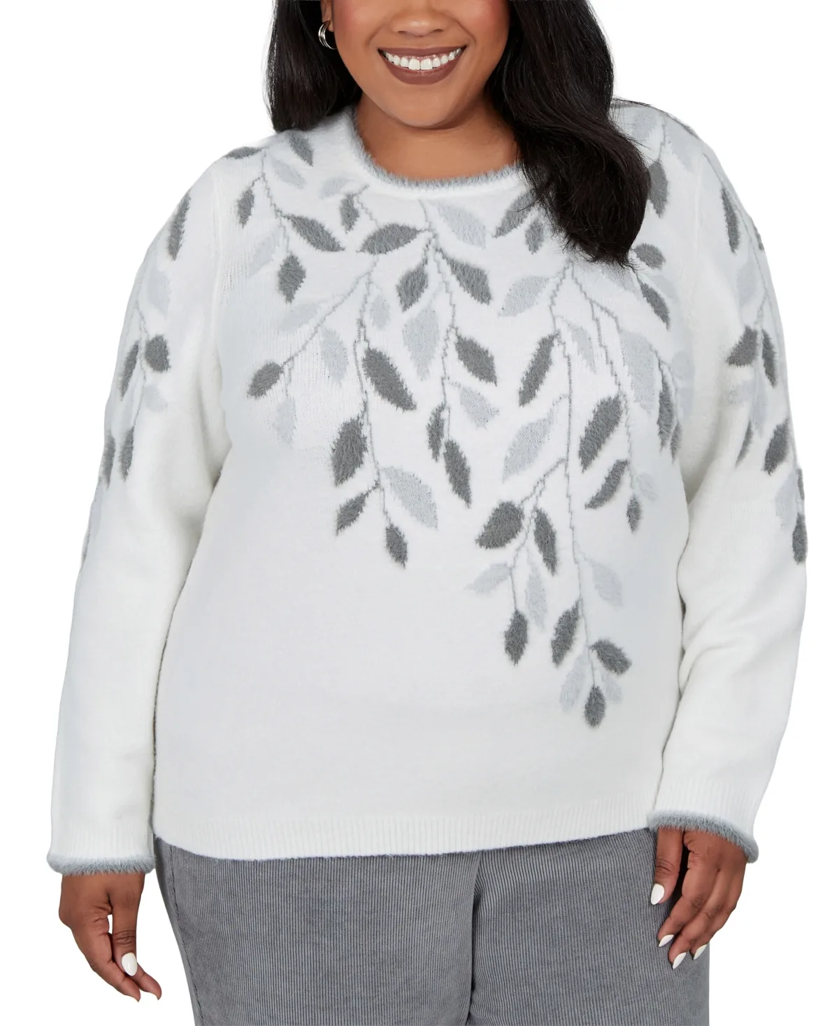 Long-Sleeve Leaf-Pattern Crewneck Sweater by Alfred Dunner