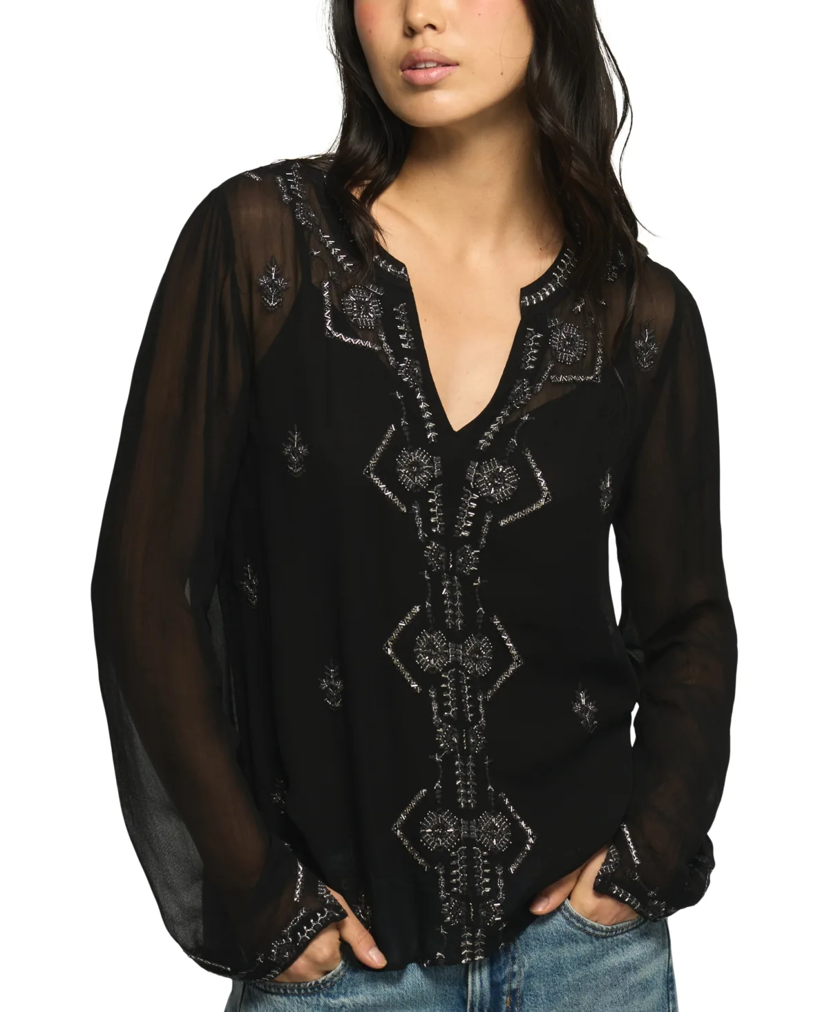 Long-Sleeve V-Neck Beaded Blouse by Lucky Brand