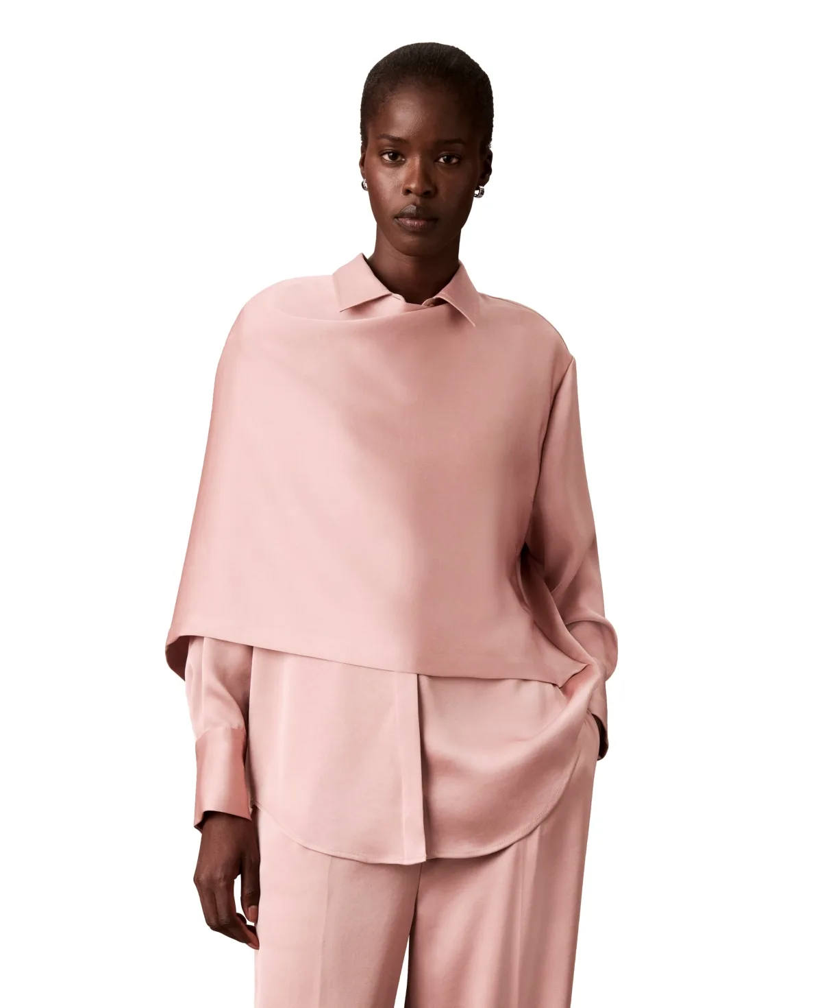 Long-Sleeve Draped-Scarf-Front Satin Blouse by Calvin Klein