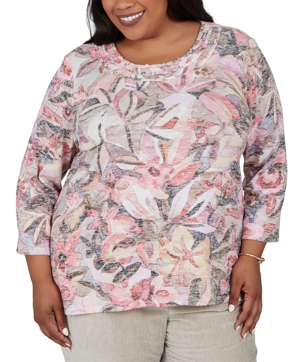 3/4-Sleeve Floral-Print Side-Slit Blouse by Alfred Dunner