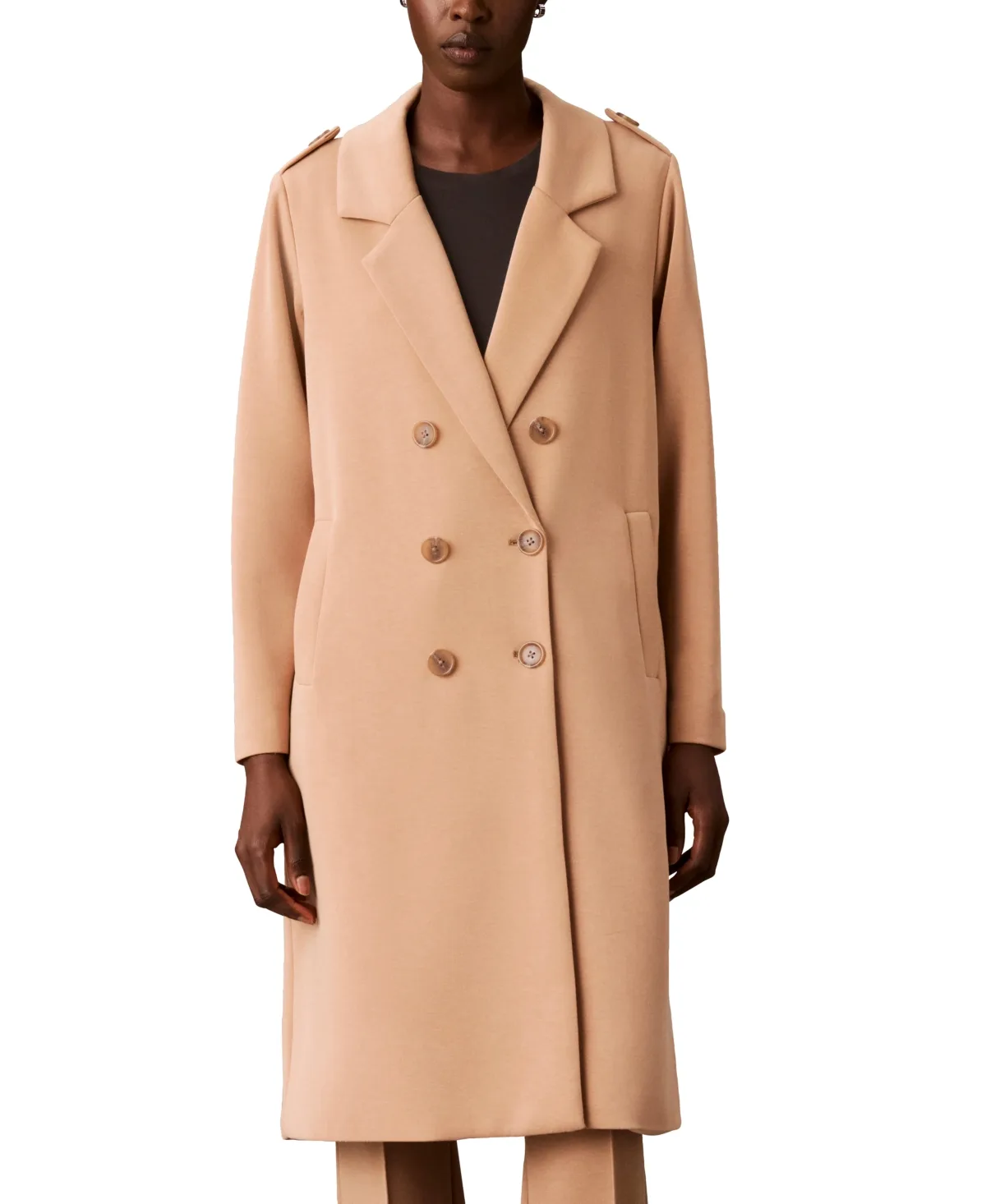 Double-Breasted Soft Scuba-Knit Notch Lapel Coat by Calvin Klein