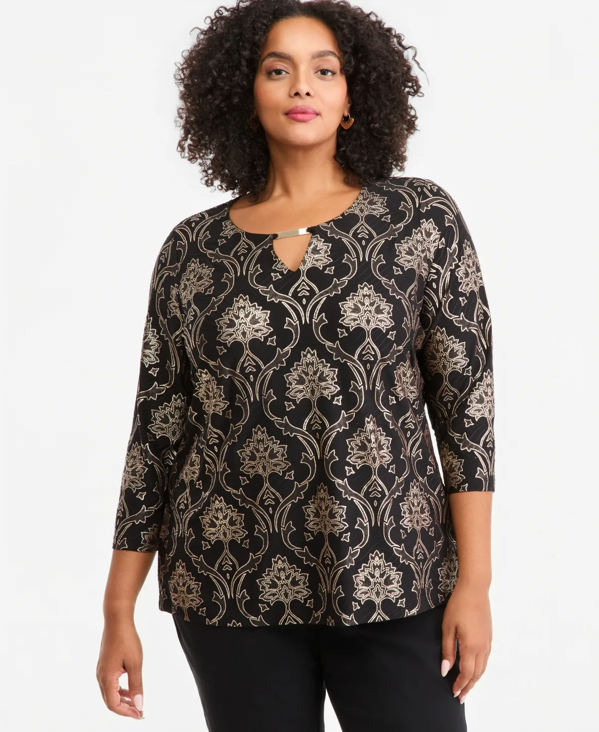 Printed Keyhole 3/4-Sleeve Top by JM Collection