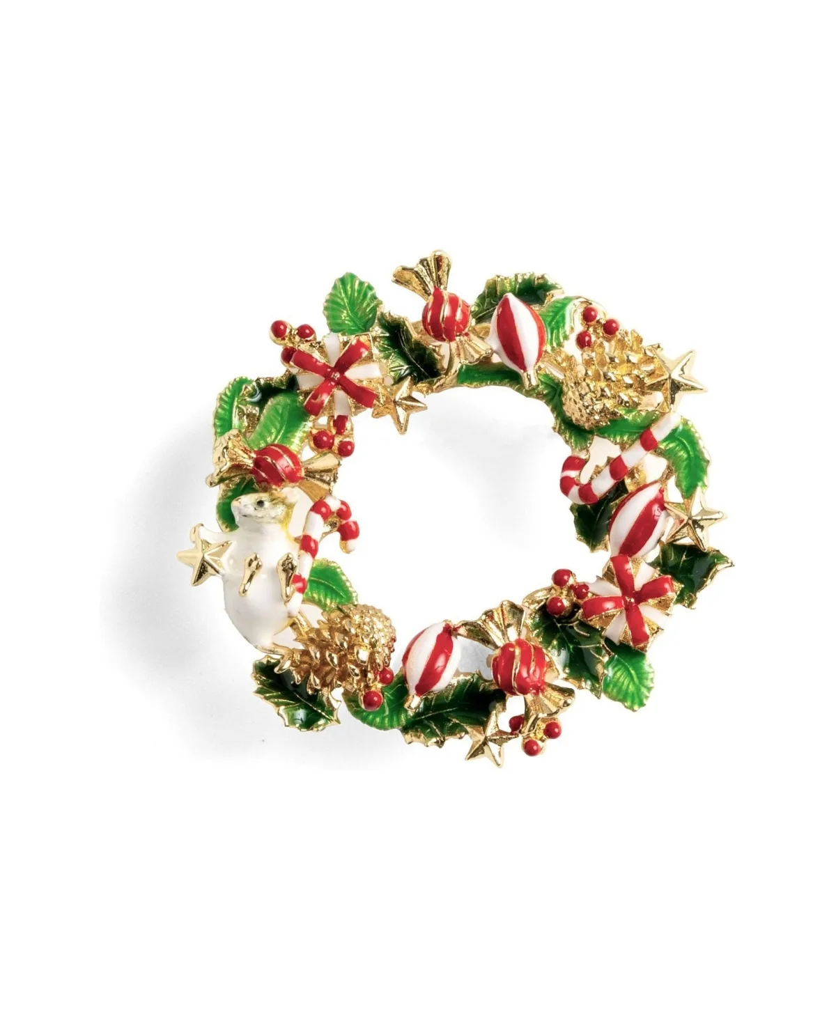 Gold-Tone Hand-Painted Enamel Christmas Mouse Brooch by Bill Skinner Studio