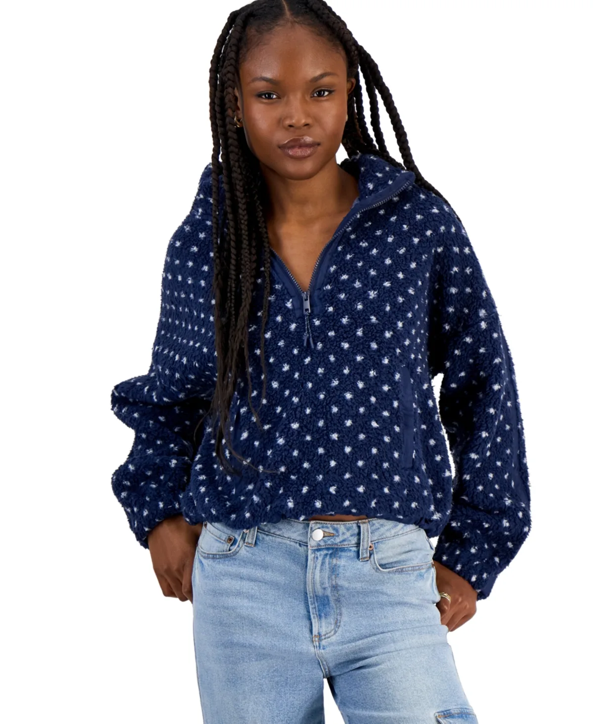 Stripe Sherpa Quarter-Zip Mock-Neck Jacket by Sincerely Jules