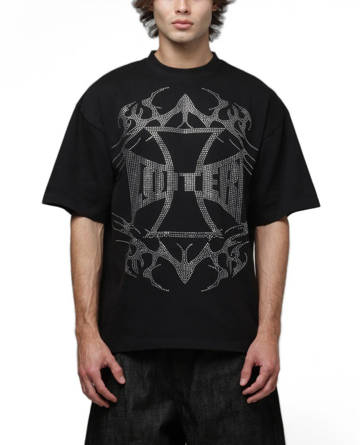 Cybercross Printed Graphics with Applied Metal Detailing Oversized Fit Dropped Shoulders T-Shirt by Loiter