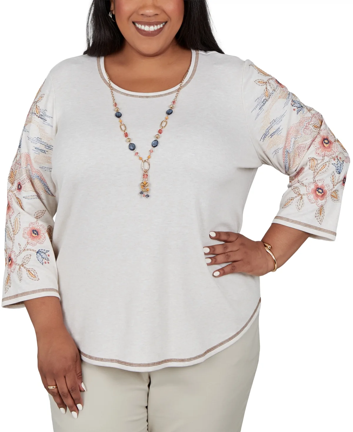 Crewneck 3/4-Sleeve Floral-Print Cotton-Blend Top by Alfred Dunner