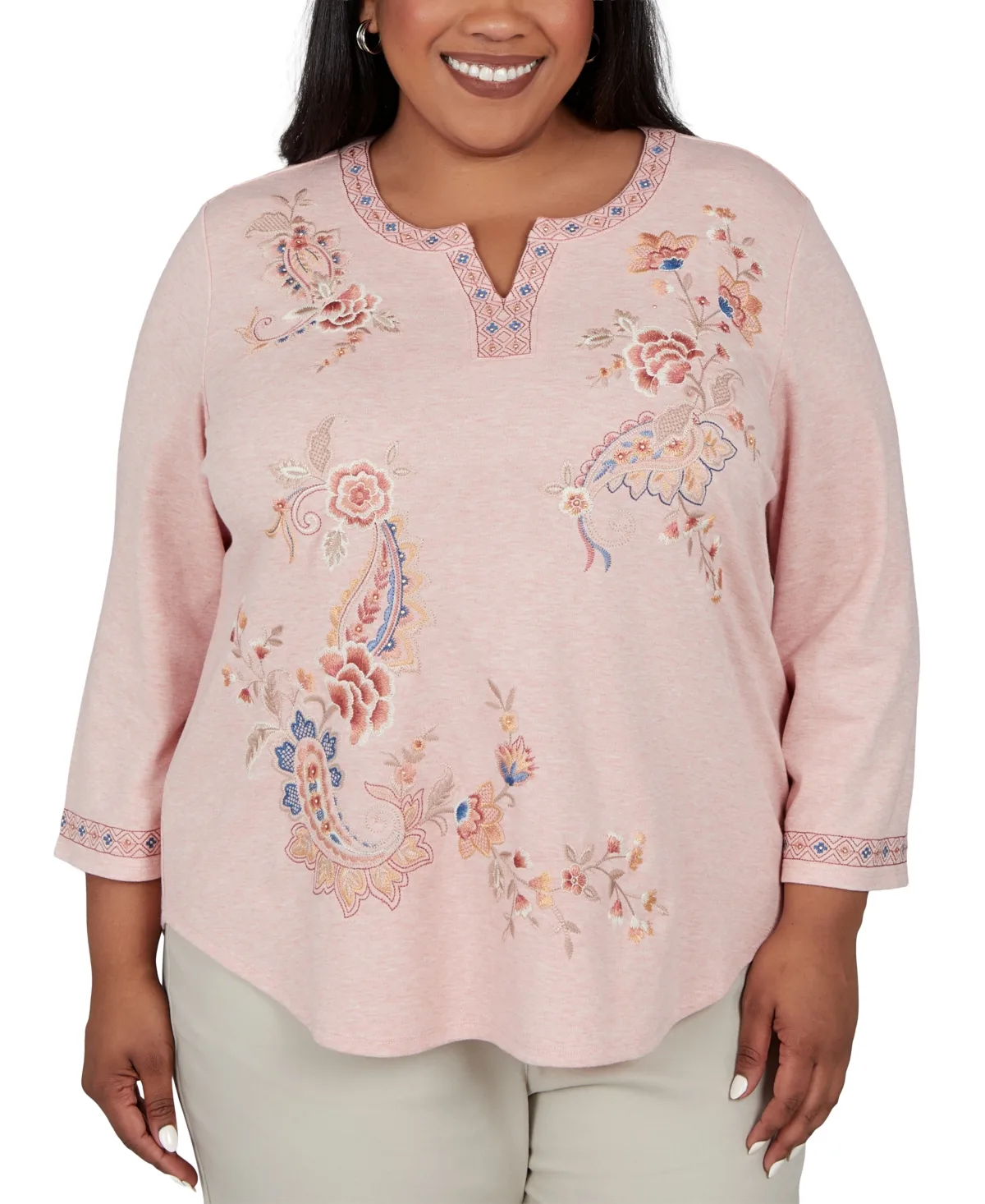 Henley Collar Floral-Embroidered 3/4-Sleeve Blouse by Alfred Dunner