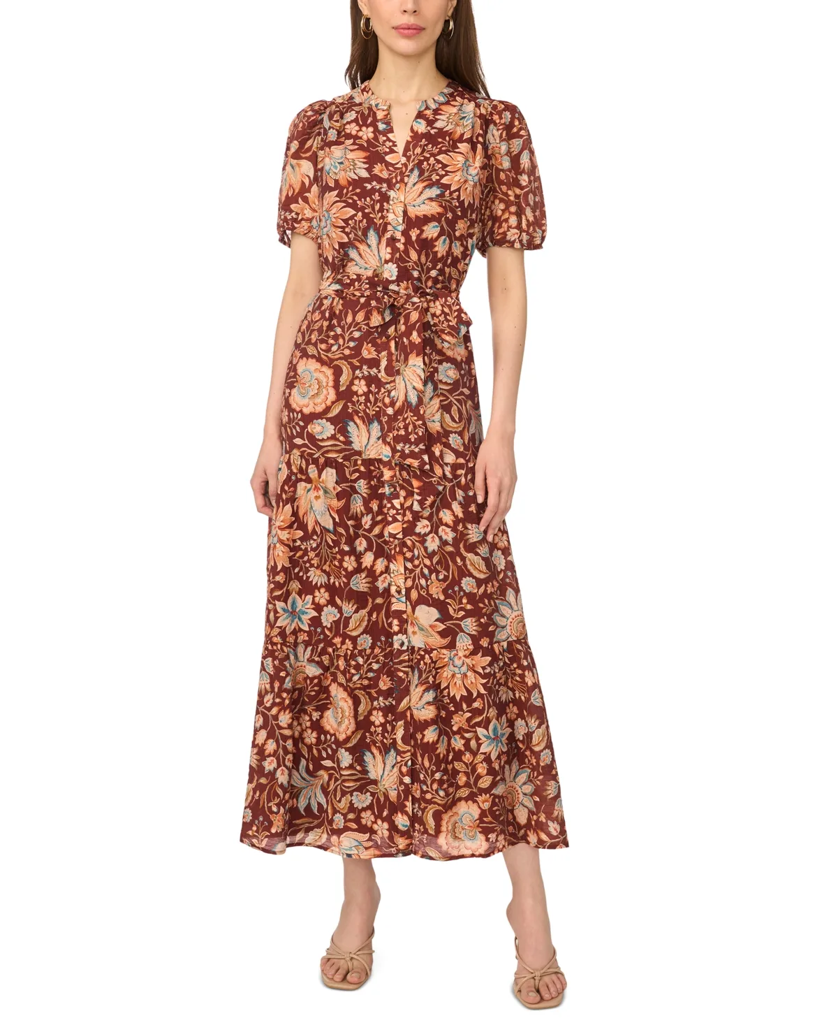 Puff Sleeve Floral-Print Tiered Maxi Dress by Msk