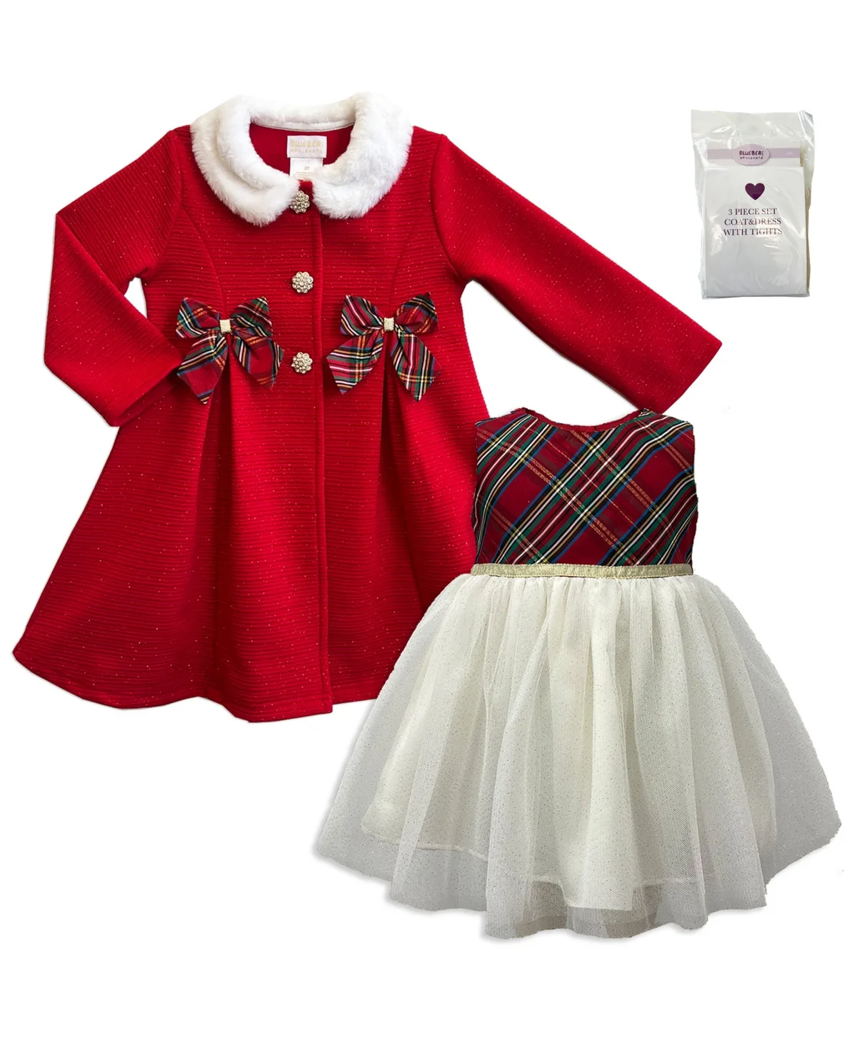 Delicate Bow Coat and Sleeveless Plaid Dress with Tights, 3-Piece Set by Blueberi Boulevard