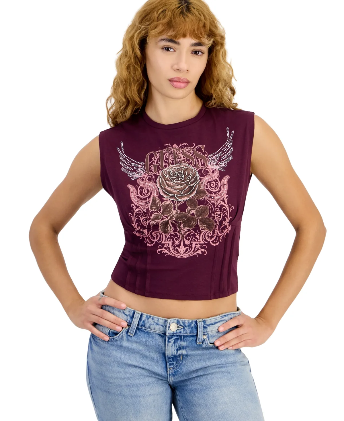 Sleeveless Rocket Rose Graphic Corset-Detail Tee by GUESS
