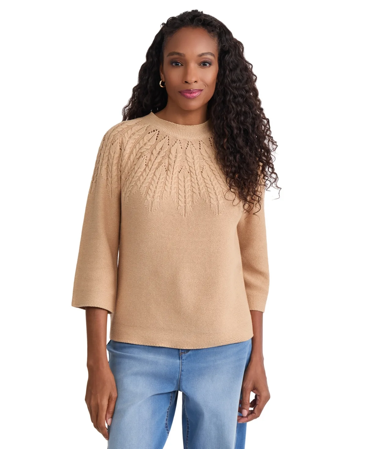 Cable-Knit 3/4-Sleeve Crewneck Sweater by Jones New York