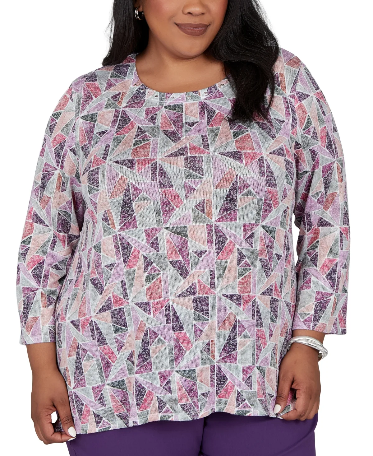 Geometric-Print 3/4-Sleeve Tunic Top by Alfred Dunner