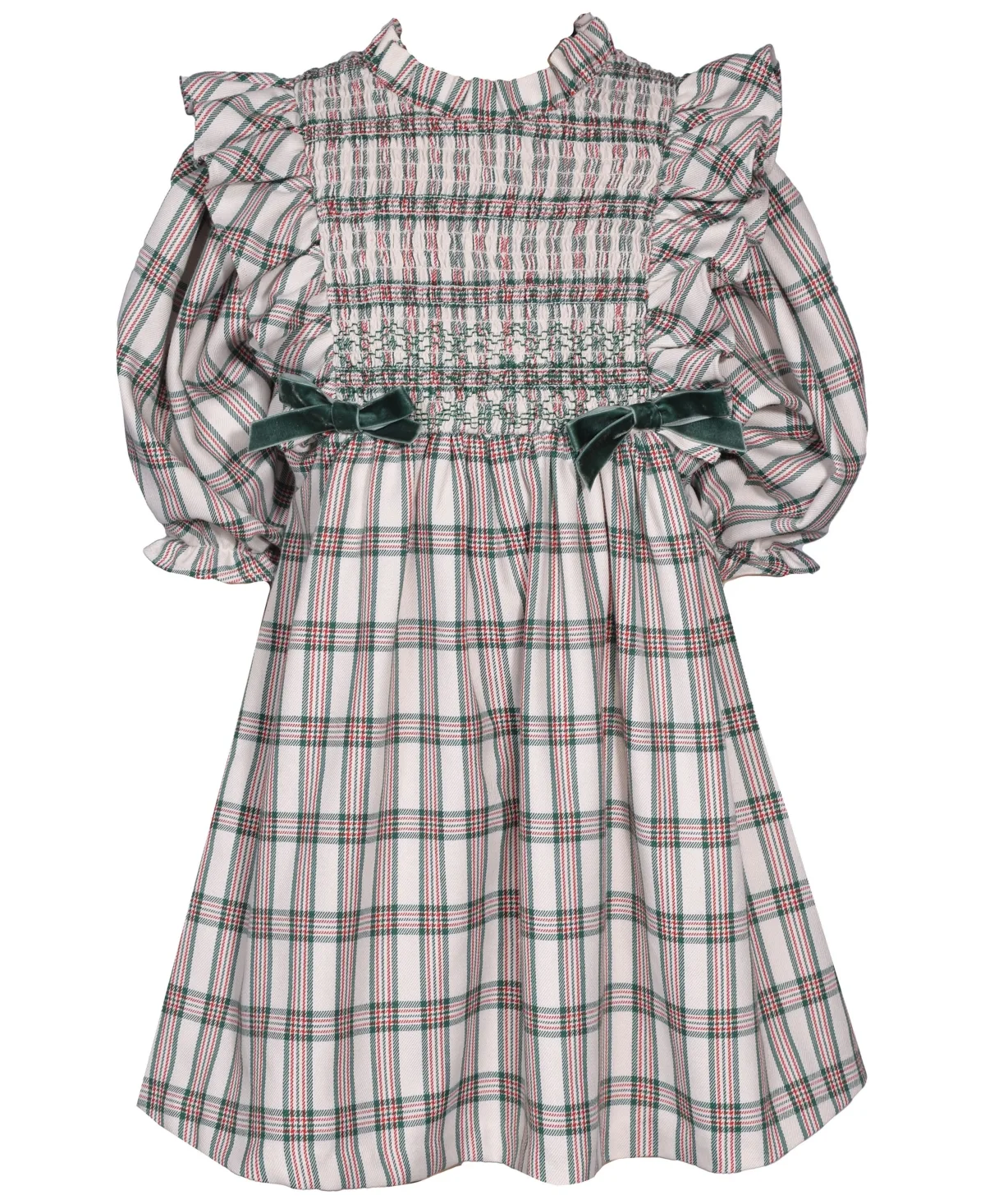 Plaid Puff-Sleeve Ruffle Neck Dress by Bonnie Jean