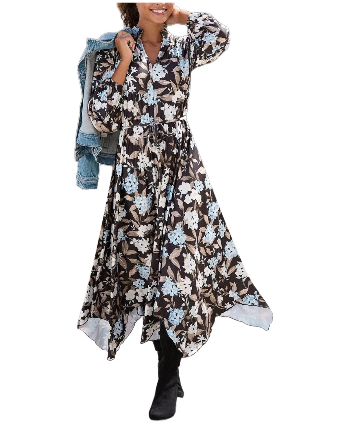 Floral Handkerchief-Hem V-Neck Long-Sleeve Midi Dress by Lascana