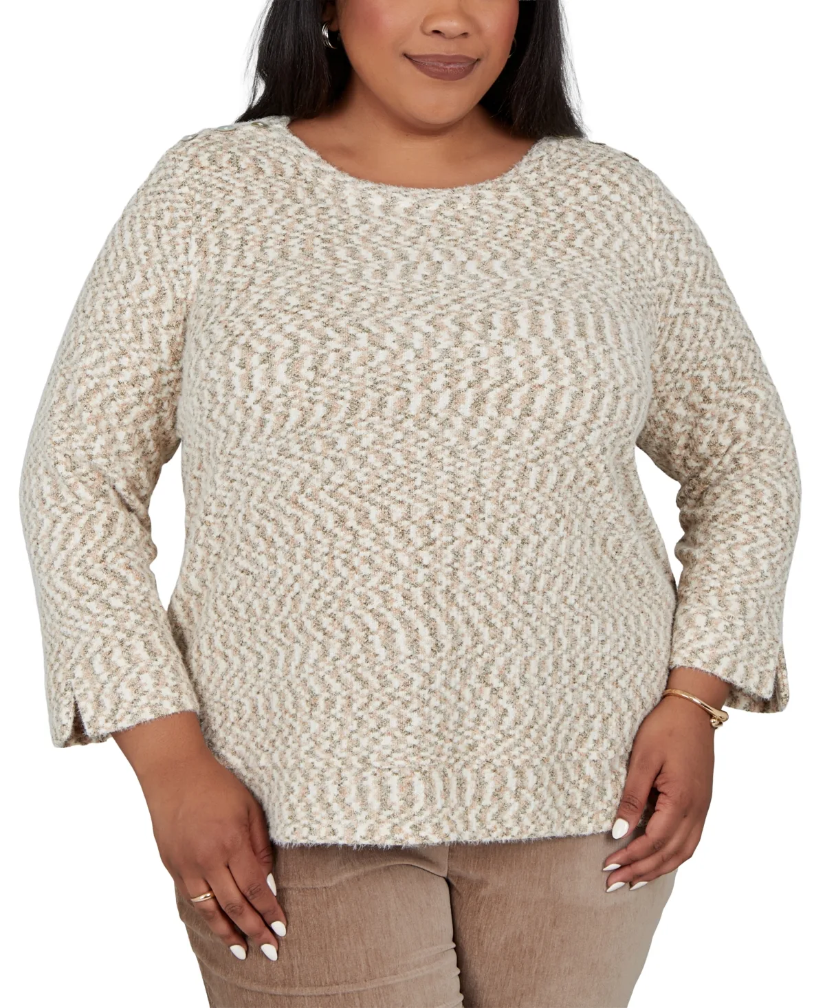 Boat Neck 3/4 Sleeve Side Slit Sweater - Stone by Alfred Dunner