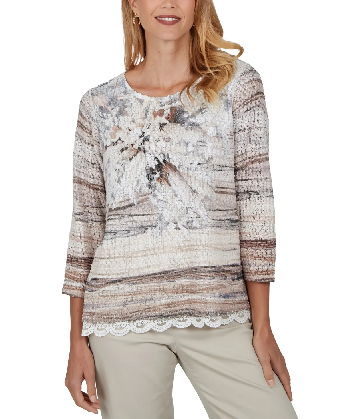 Crewneck 3/4-Sleeve Lace-Trim Top by Alfred Dunner