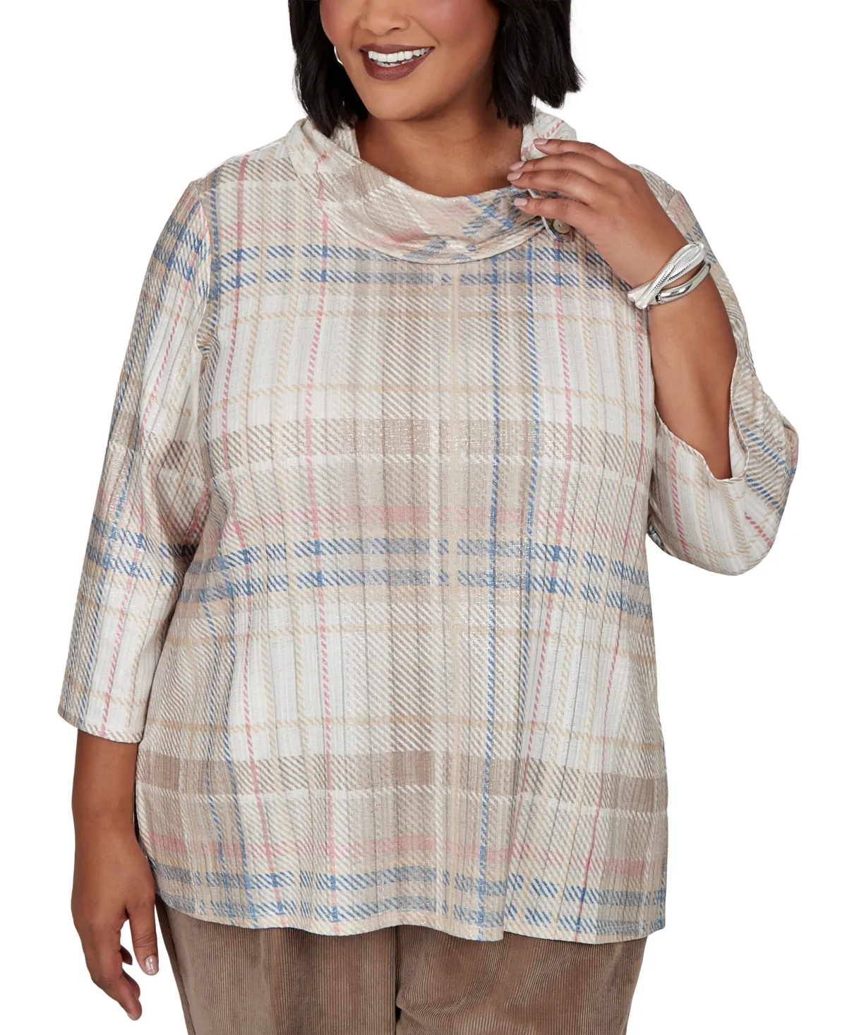 Cowl Neck 3/4 Sleeve Plaid Tunic Top by Alfred Dunner
