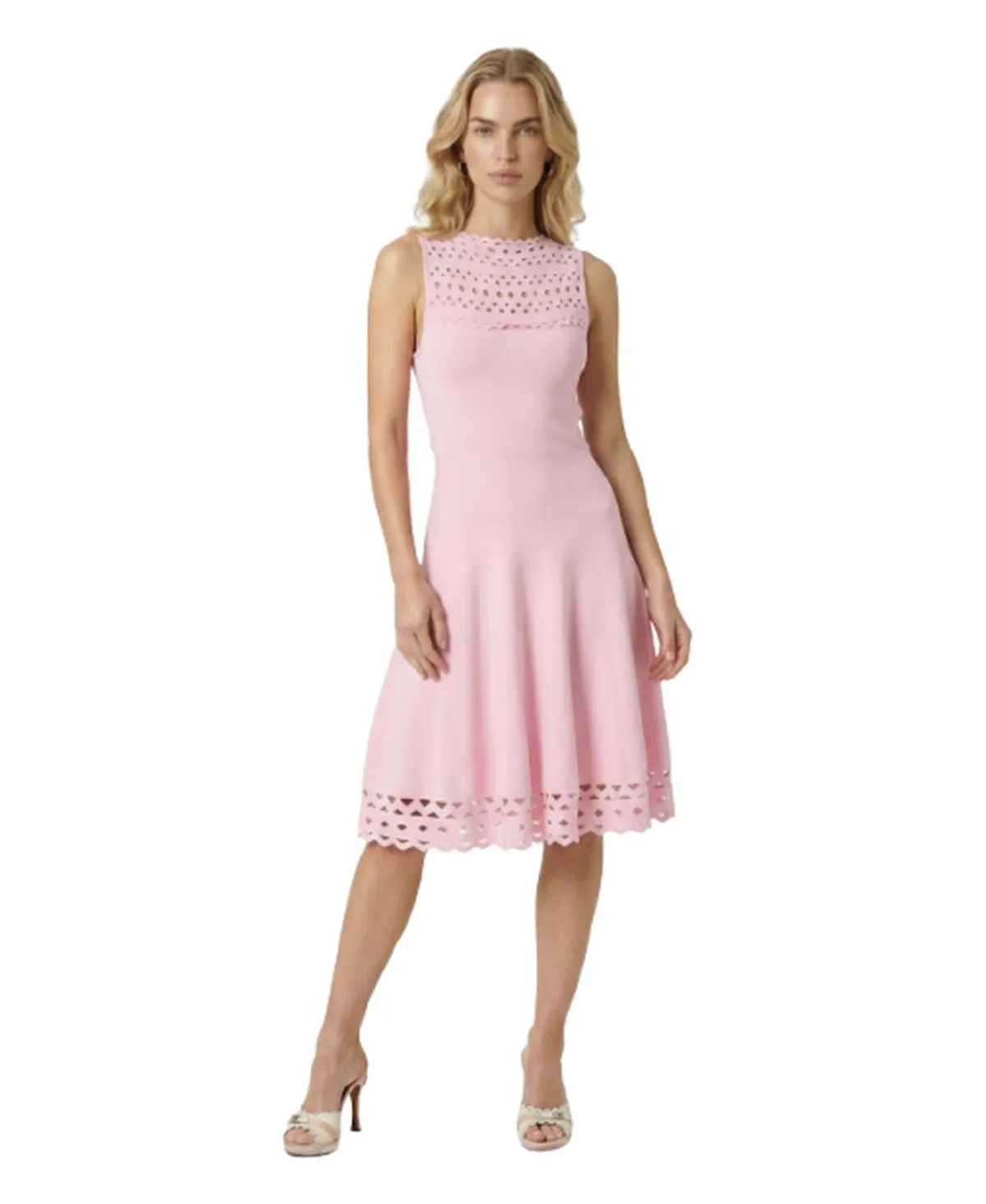 Sleeveless High-Neck Eyelet Midi Dress by Modenaire