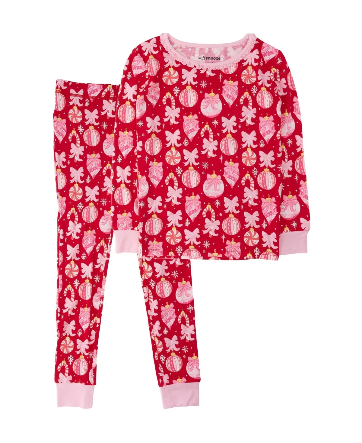 Red Holly Ornament Bows Long-Sleeve Ruffle Top and Pants, 2-Piece Set by Softsnooze