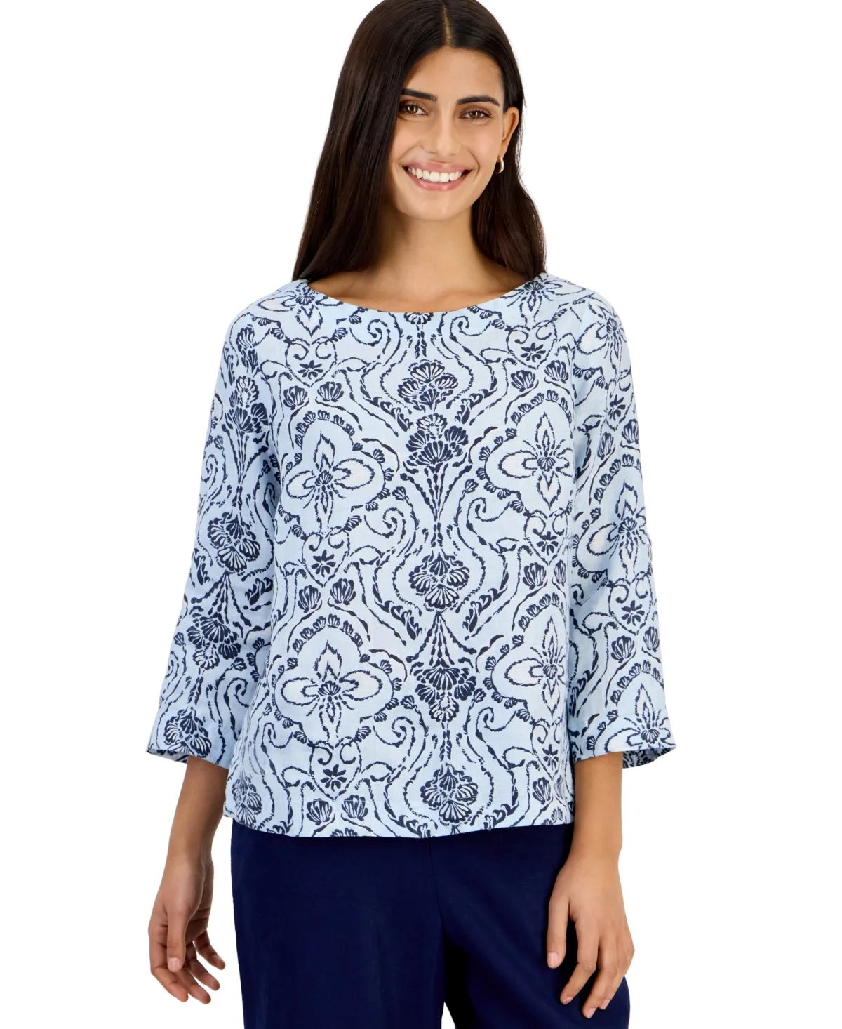 Boat Neck 3/4-Sleeve Linen Blouse by Charter Club