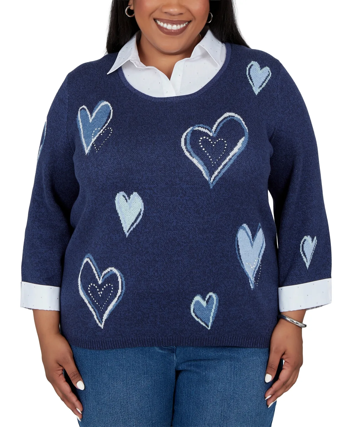 Scoop Neck 3/4-Sleeve Heart Print Pullover Sweater by Alfred Dunner