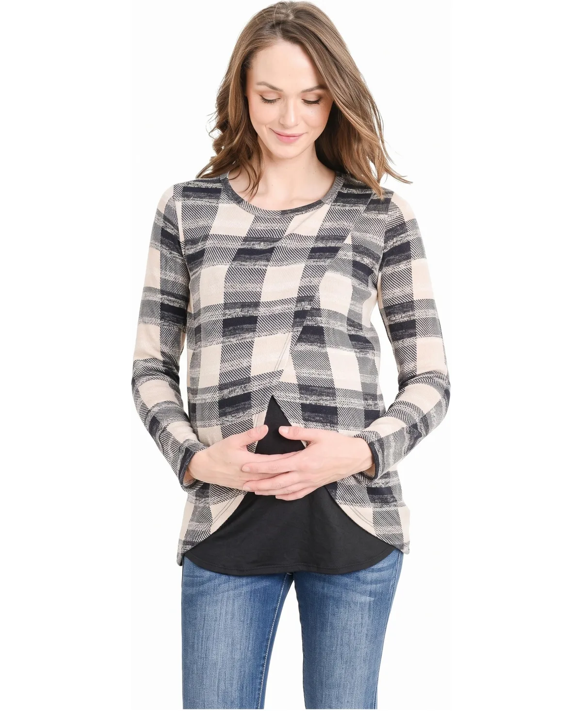 Nursing Plaid Long-Sleeve Sweater by Hello Miz