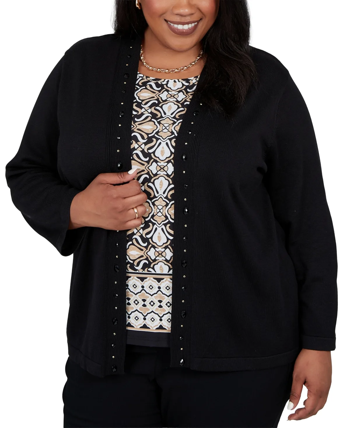 Embellished 3/4-Length Sleeve V-Neck Cardigan Sweater by Alfred Dunner