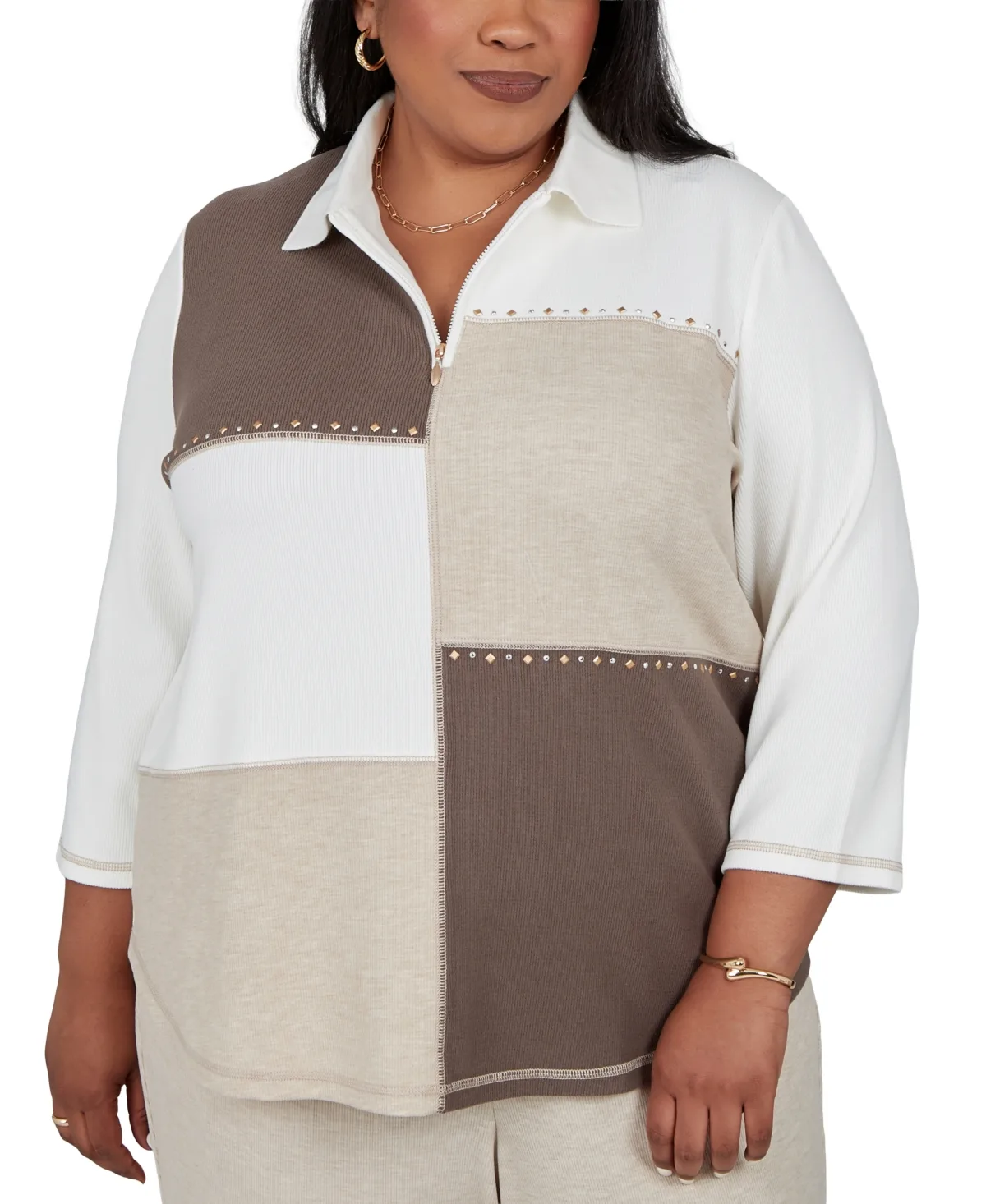Collared 3/4-Sleeve Quarter-Zip Knit Top by Alfred Dunner
