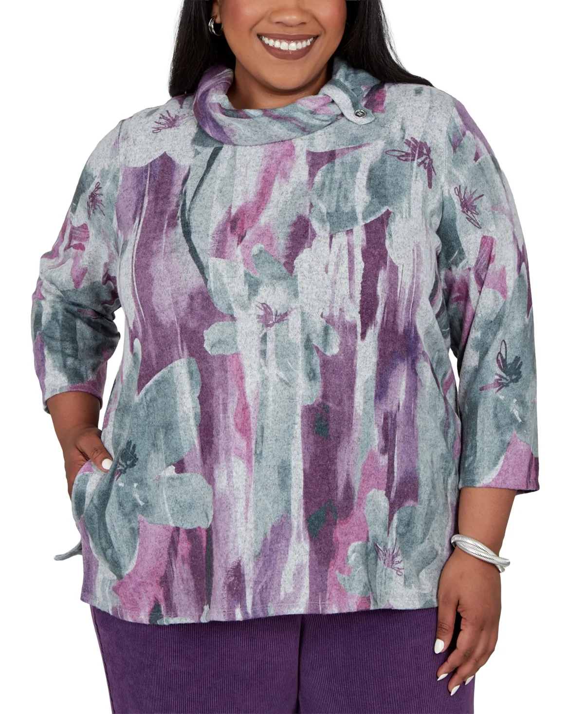Cowl Neck 3/4-Sleeve Floral-Print Tunic Top by Alfred Dunner